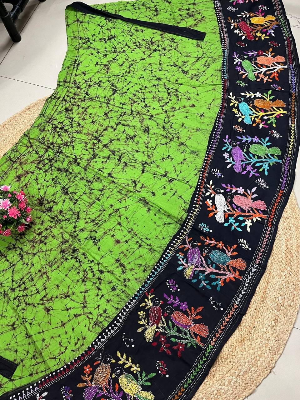 Kantha Green Guli Batik Cotton Wrap Indian Skirt