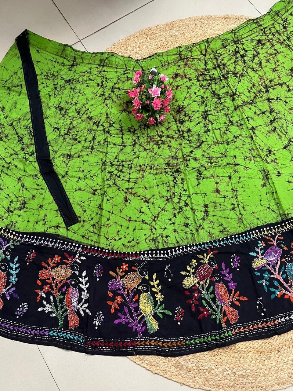 Kantha Green Guli Batik Cotton Wrap Indian Skirt