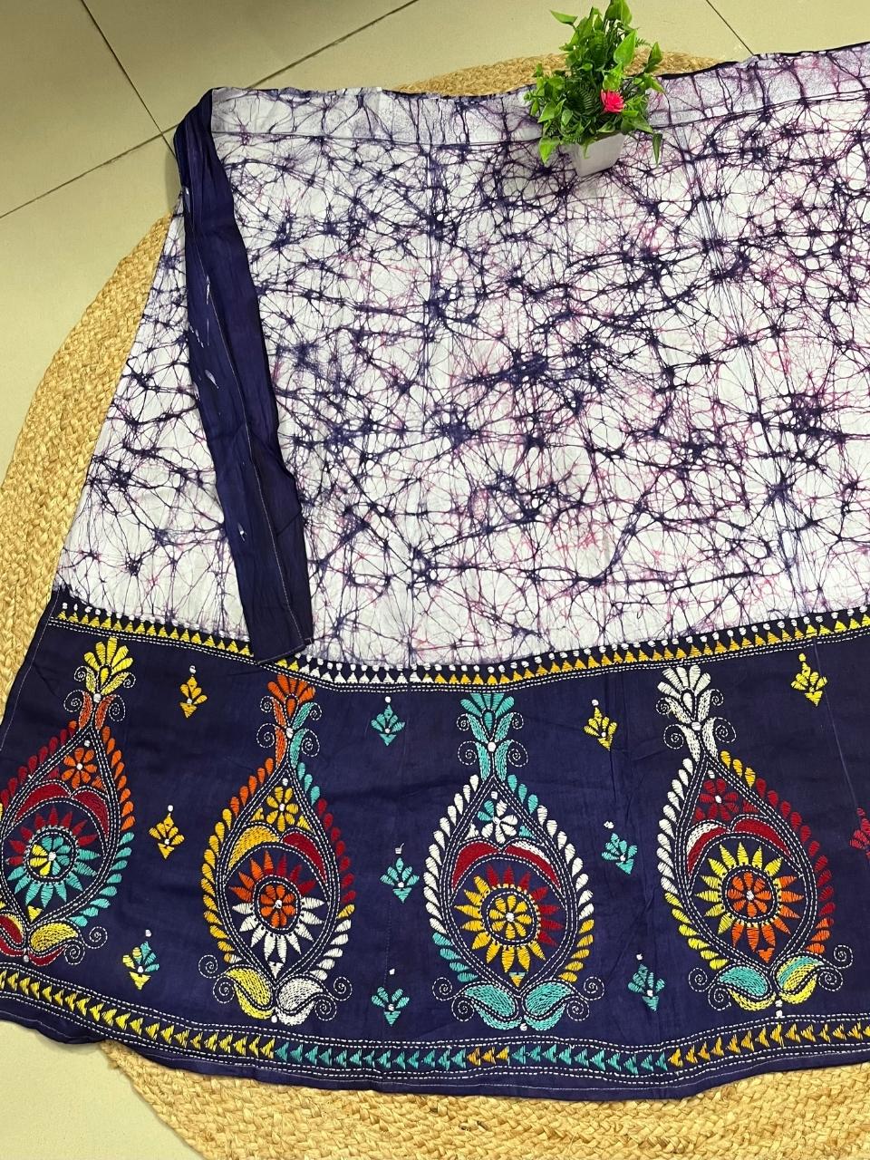 Kantha White Sherry Batik Cotton Wrap Indian Skirt