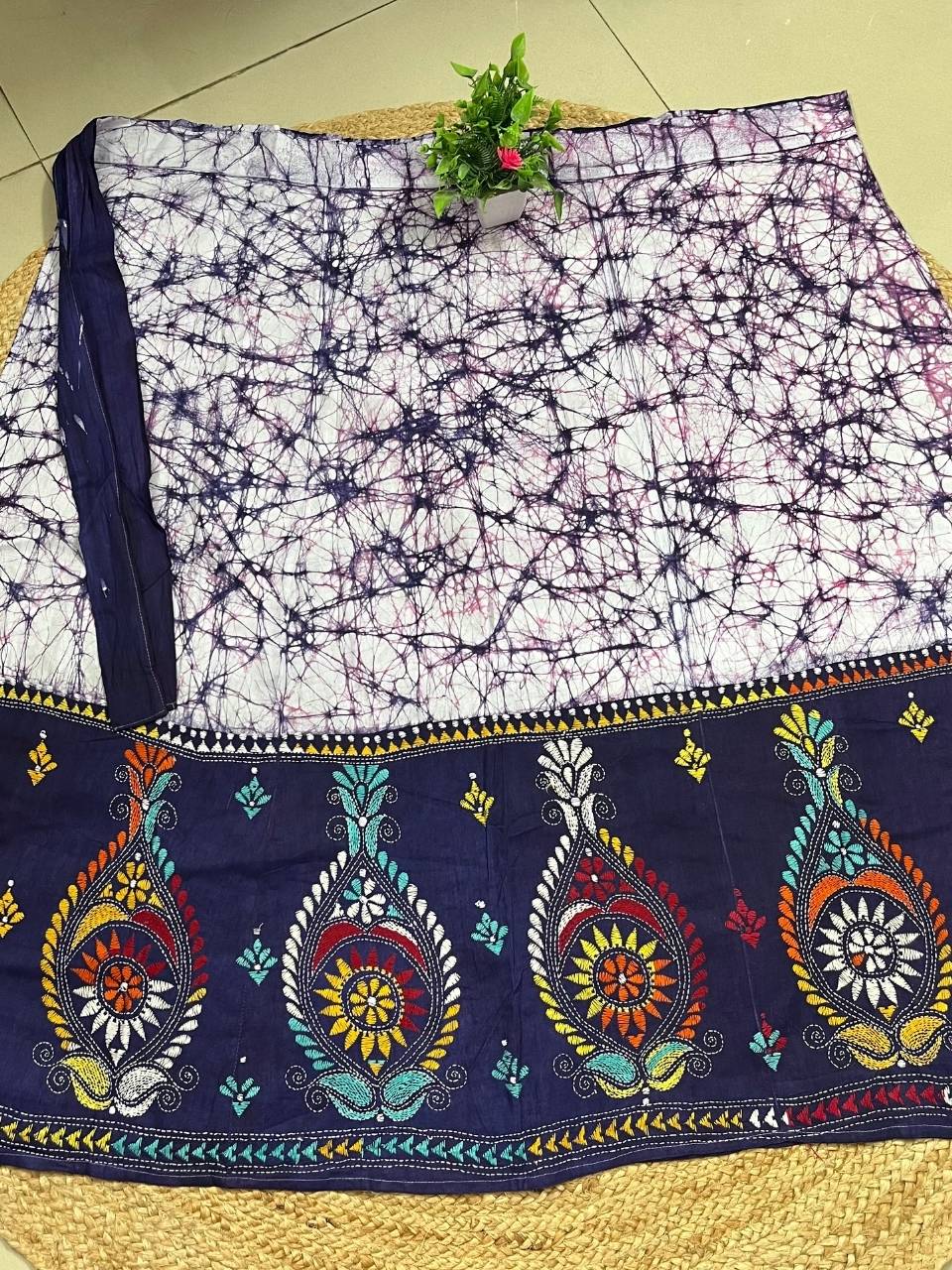 Kantha White Sherry Batik Cotton Wrap Indian Skirt