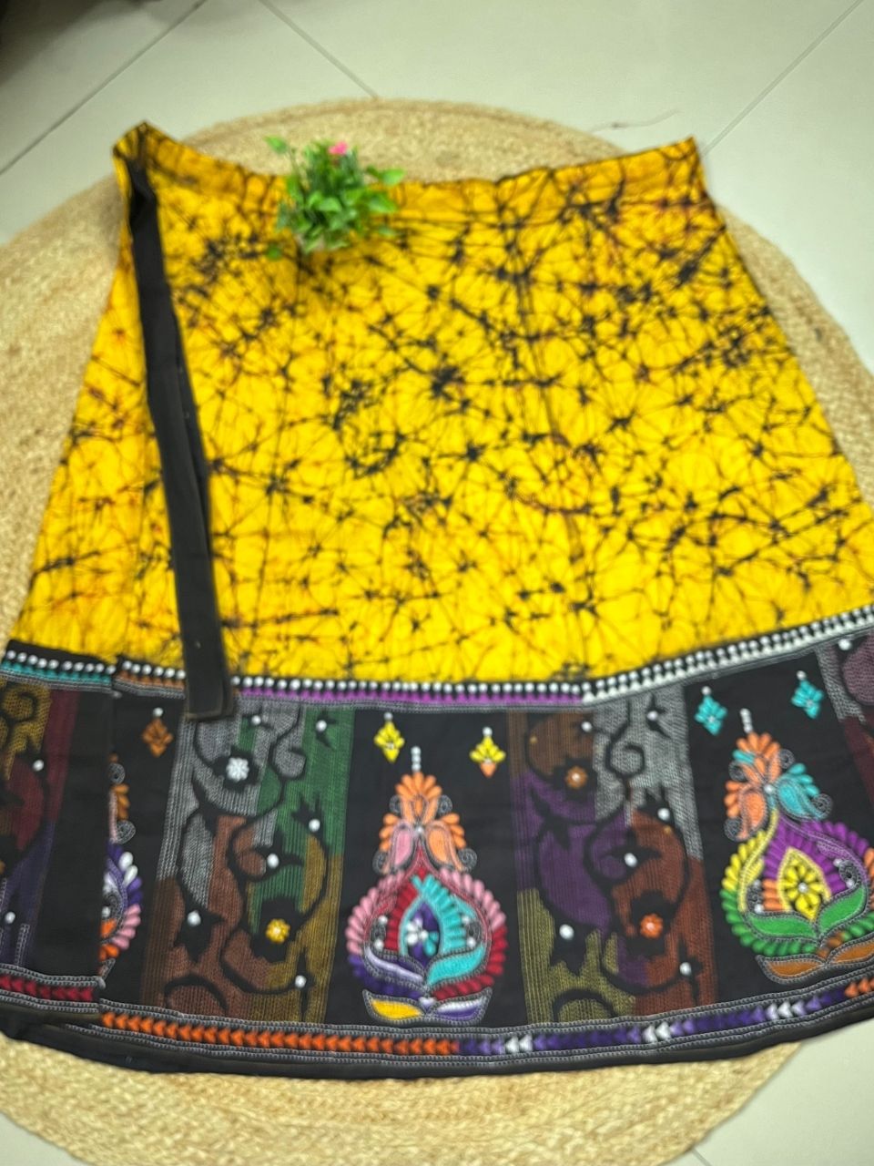 Kantha Yellow Aru Batik Cotton Wrap Indian Skirt