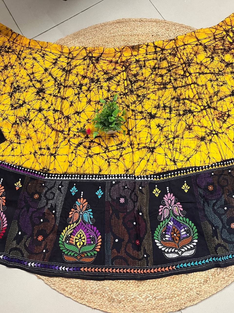 Kantha Yellow Aru Batik Cotton Wrap Indian Skirt