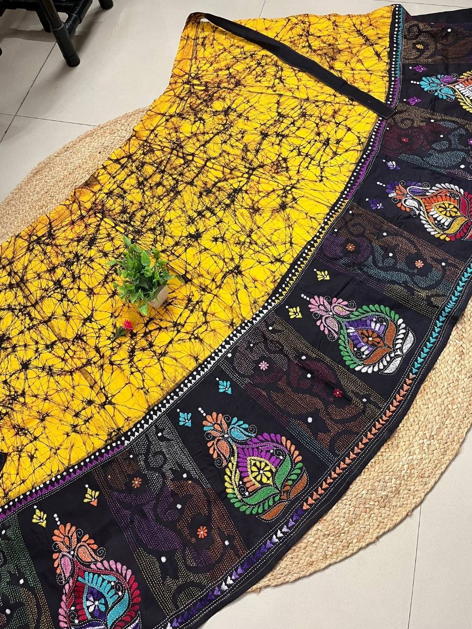 Kantha Yellow Aru Batik Cotton Wrap Indian Skirt