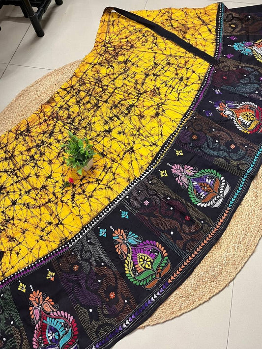 Kantha Yellow Aru Batik Cotton Wrap Indian Skirt