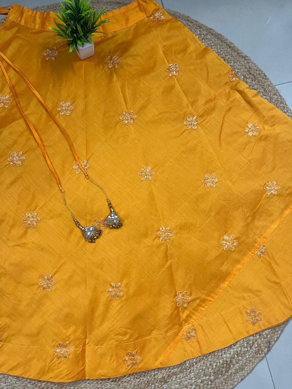 Chanderi Silk Mustard Yellow Milky Embroidered Indian Skirt