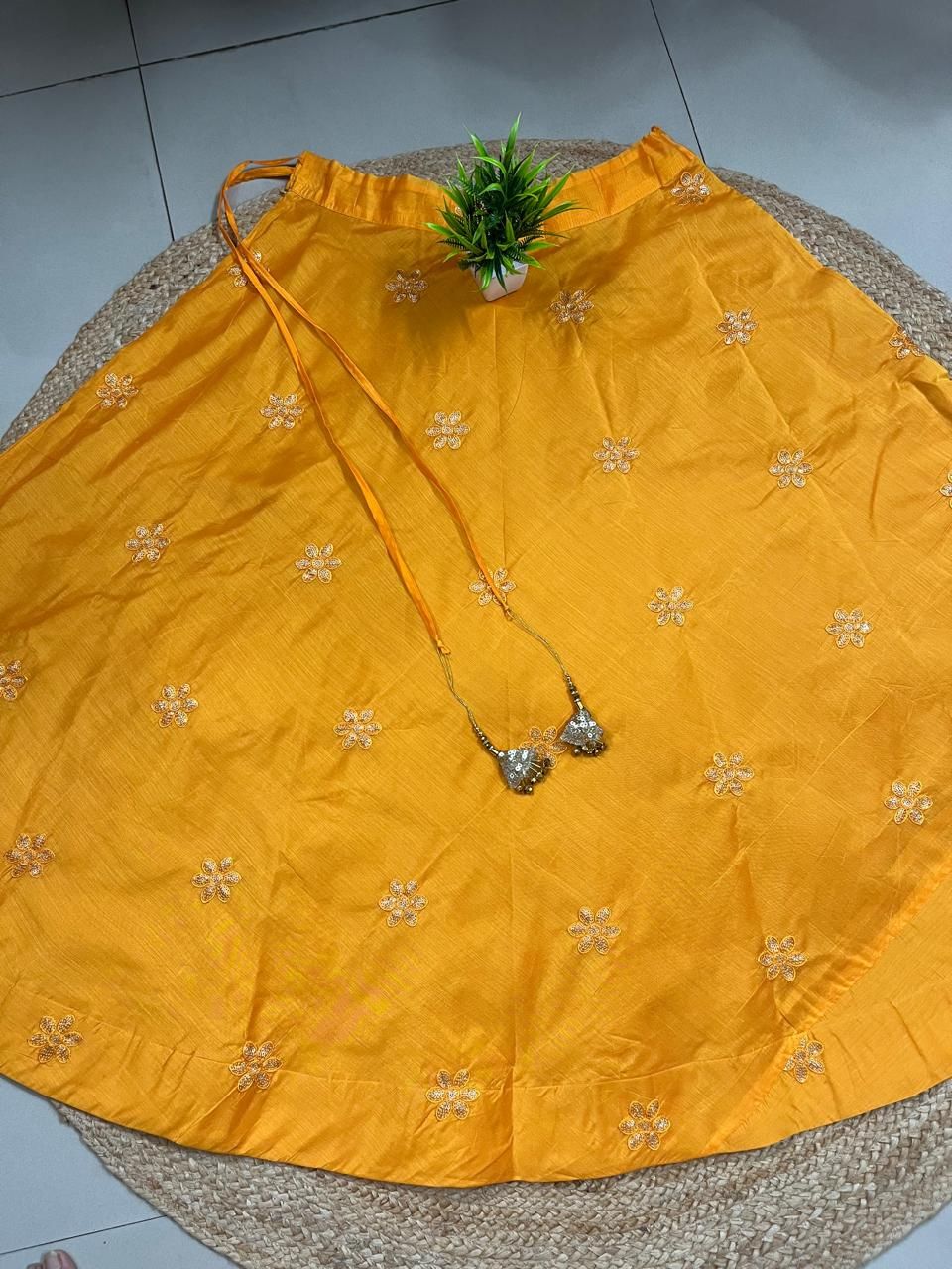 Chanderi Silk Mustard Yellow Milky Embroidered Indian Skirt