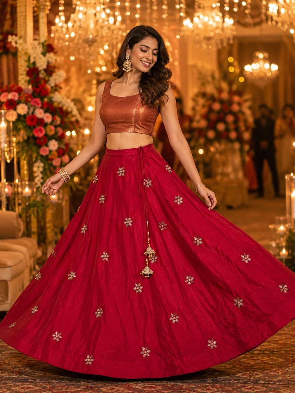 Chanderi Silk Red Chaitali Embroidered Indian Skirt