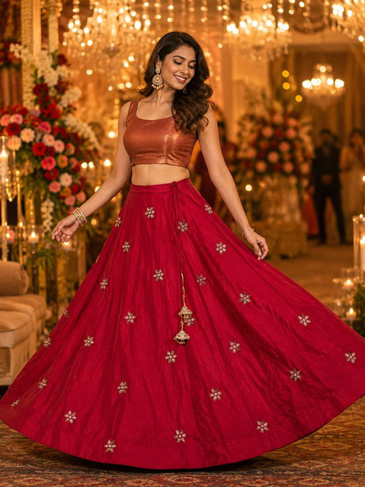 Chanderi Silk Red Chaitali Embroidered Indian Skirt