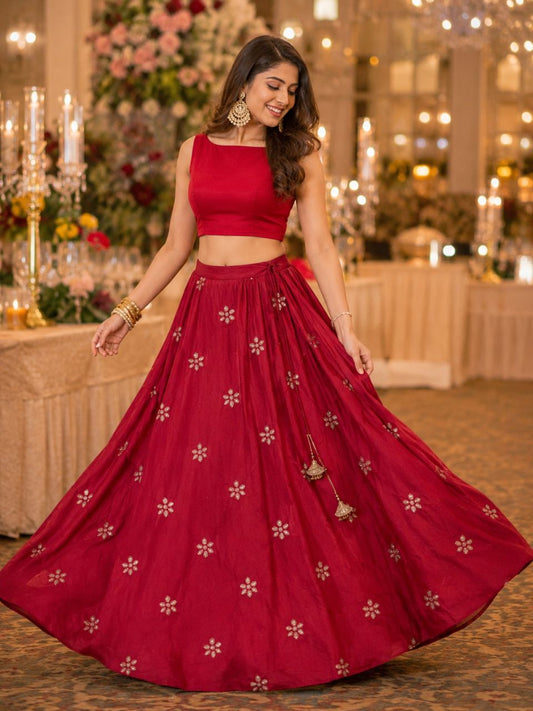 Chanderi Silk Maroon Mayara Embroidered Indian Skirt