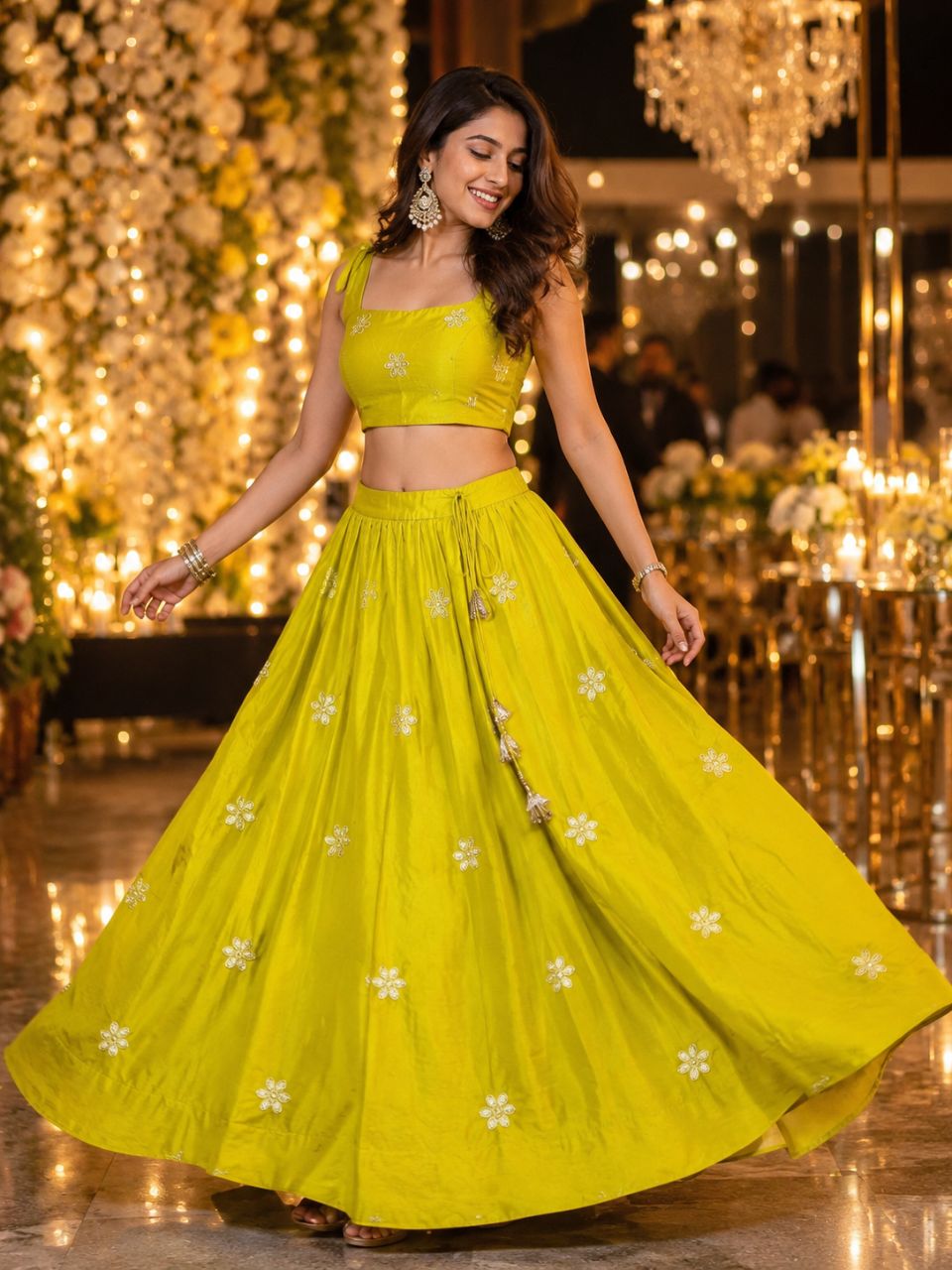 Chanderi Silk Yellow Yamini Embroidered Indian Skirt