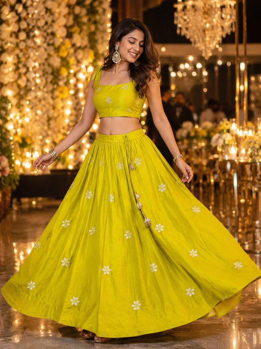 Chanderi Silk Yellow Yamini Embroidered Indian Skirt