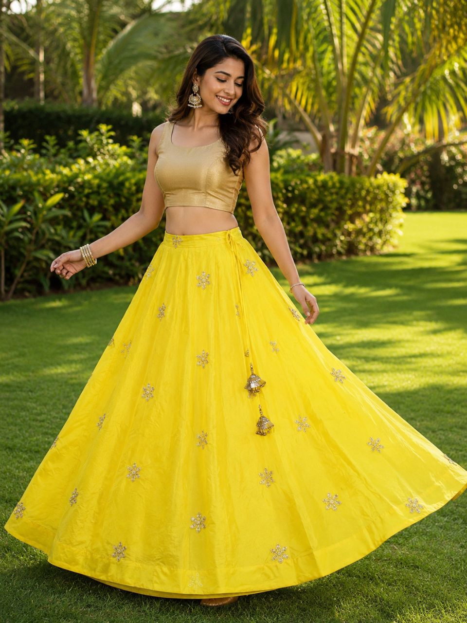 Chanderi Silk Yellow Yukti Embroidered Indian Skirt