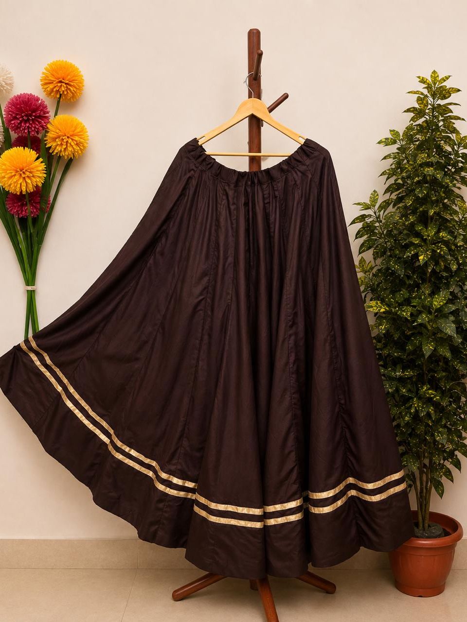 Garba Flared Brown Shaila Rayon Cotton Indian Skirt