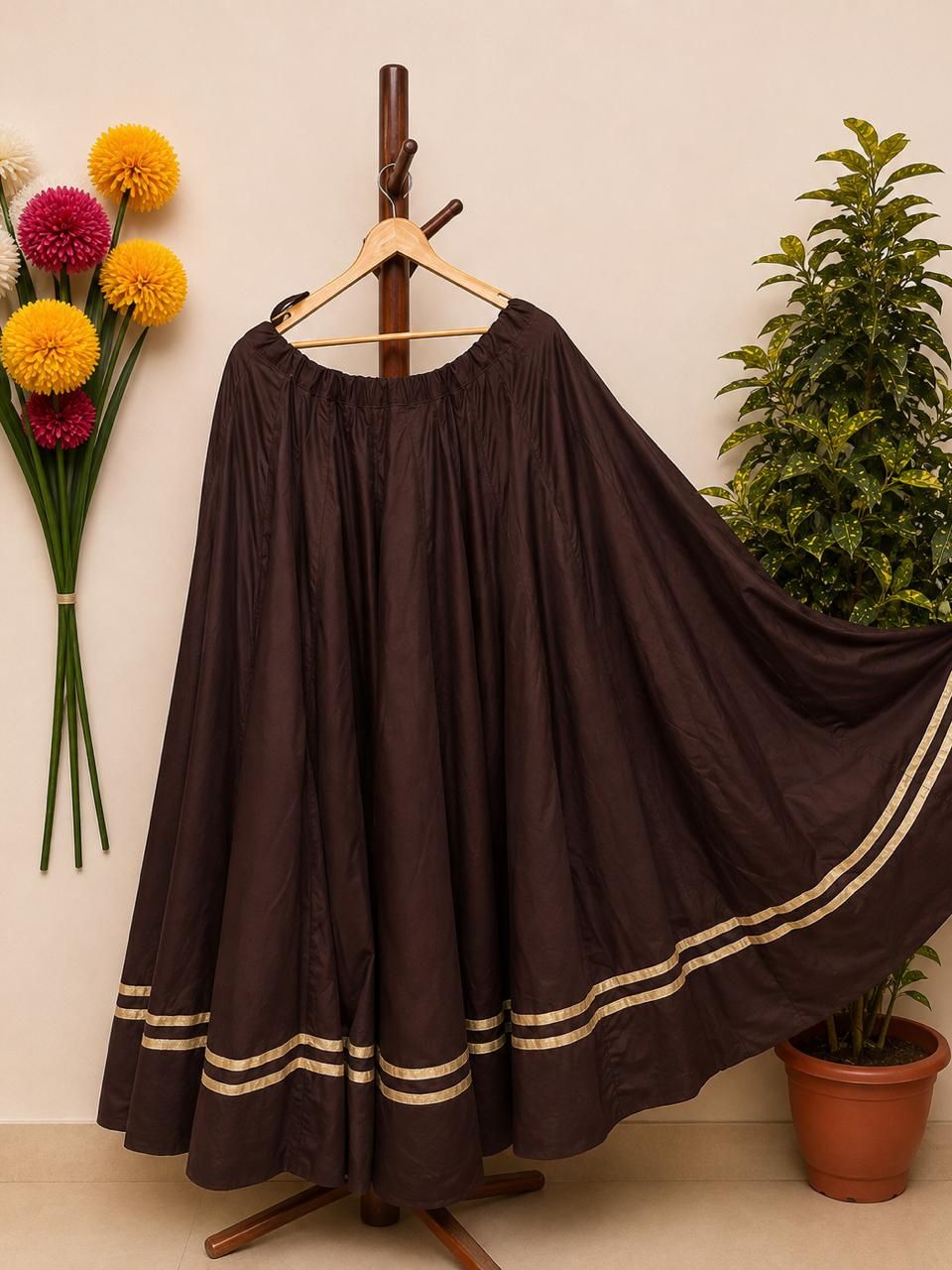Garba Flared Brown Shaila Rayon Cotton Indian Skirt