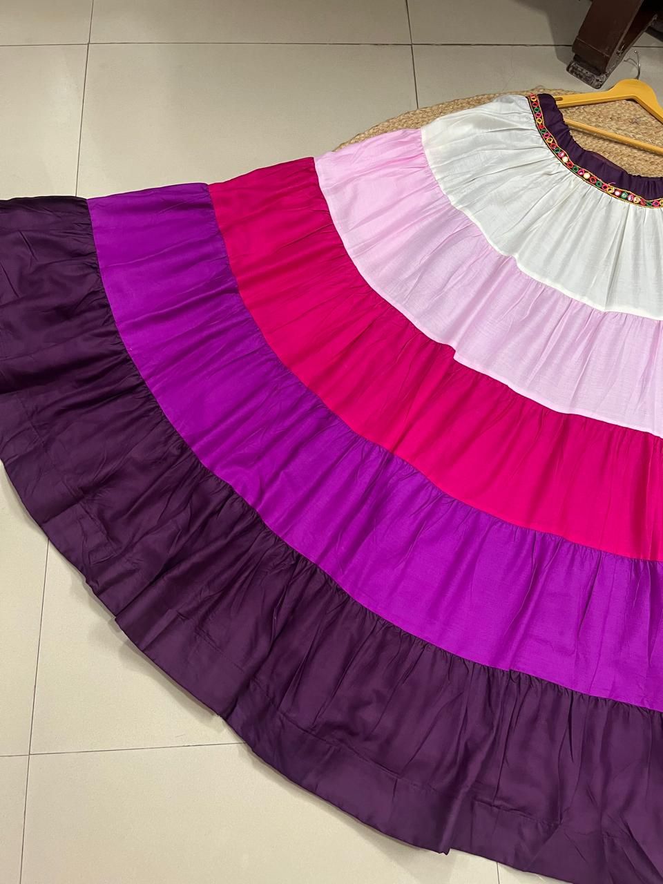 Garba Tiered Multicolour Rayon Indian Skirt-8 Meter