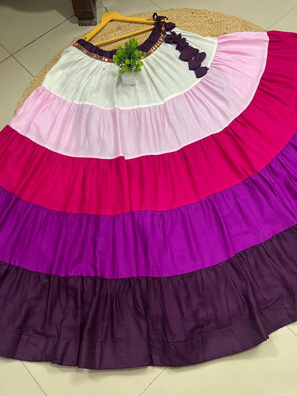 Garba Tiered Multicolour Rayon Indian Skirt-8 Meter