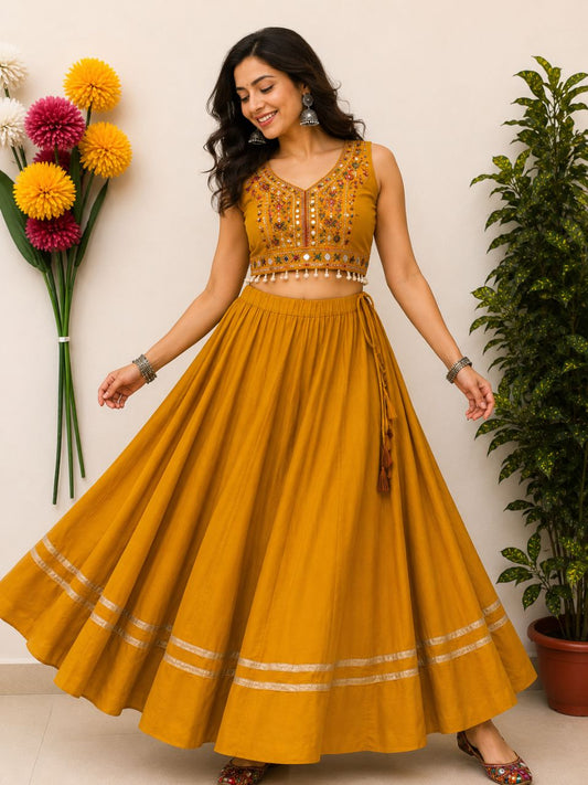 Garba Flared Mustard Yellow Rajni Rayon Cotton Indian Skirt