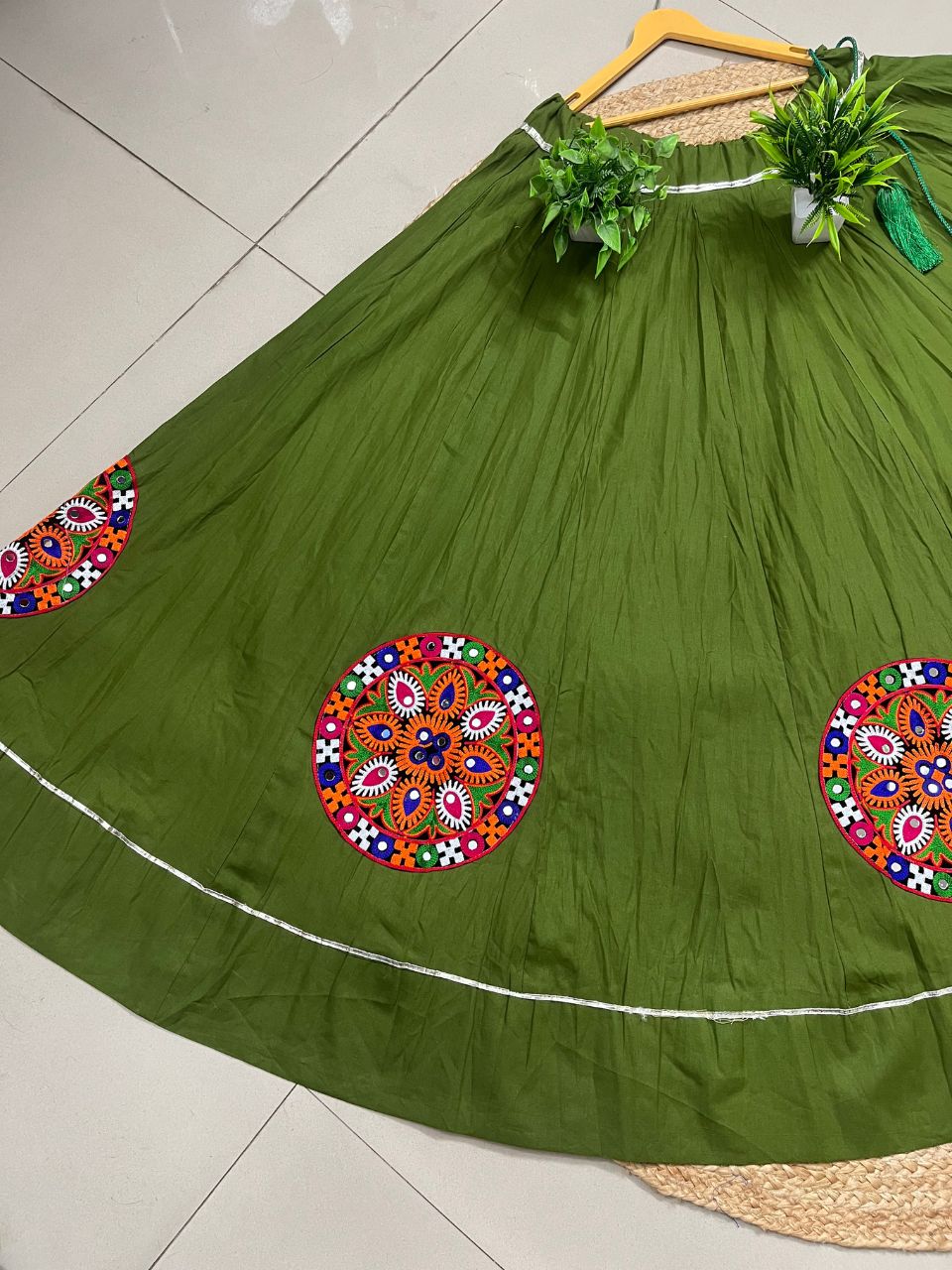 Garba Flared Green Krishna Cotton Indian Skirt