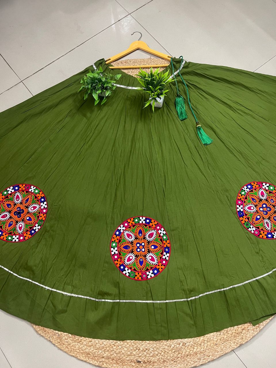 Garba Flared Green Krishna Cotton Indian Skirt
