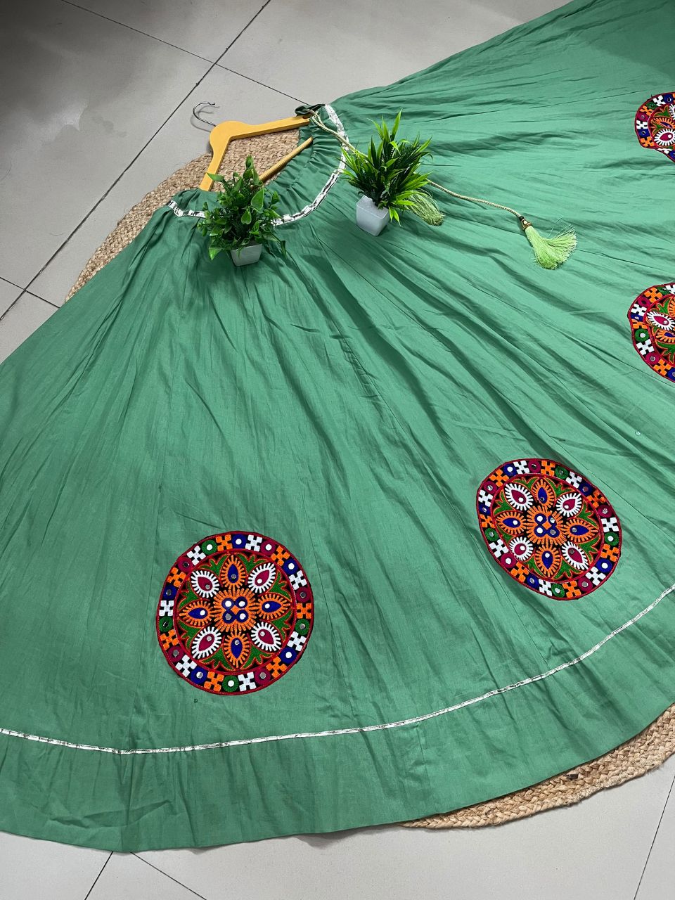 Flared Pista Green Rama Cotton Indian Skirt