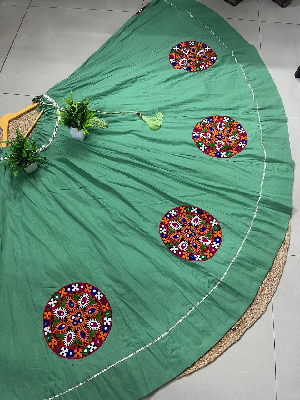 Flared Pista Green Rama Cotton Indian Skirt