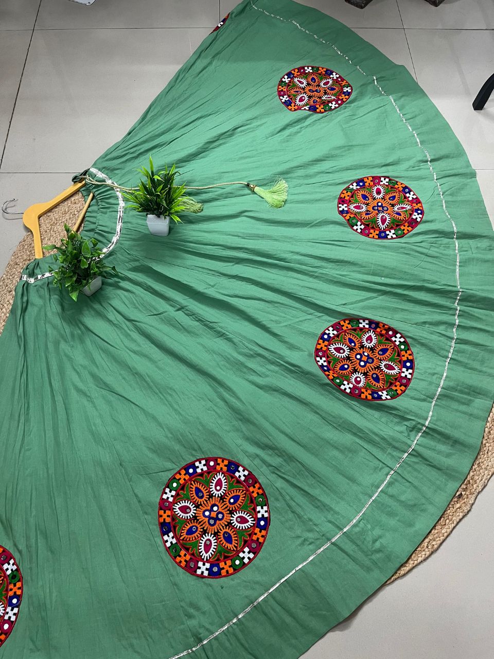 Flared Pista Green Rama Cotton Indian Skirt