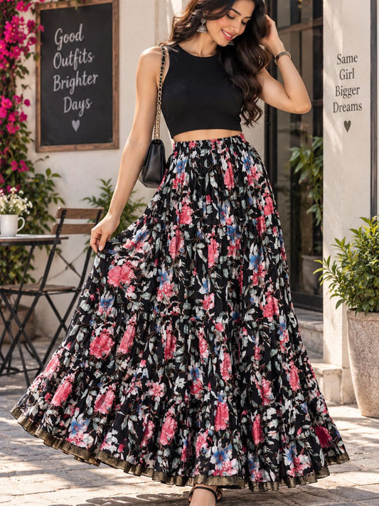 Casual Cotton Printed Black Bony Indian Skirt