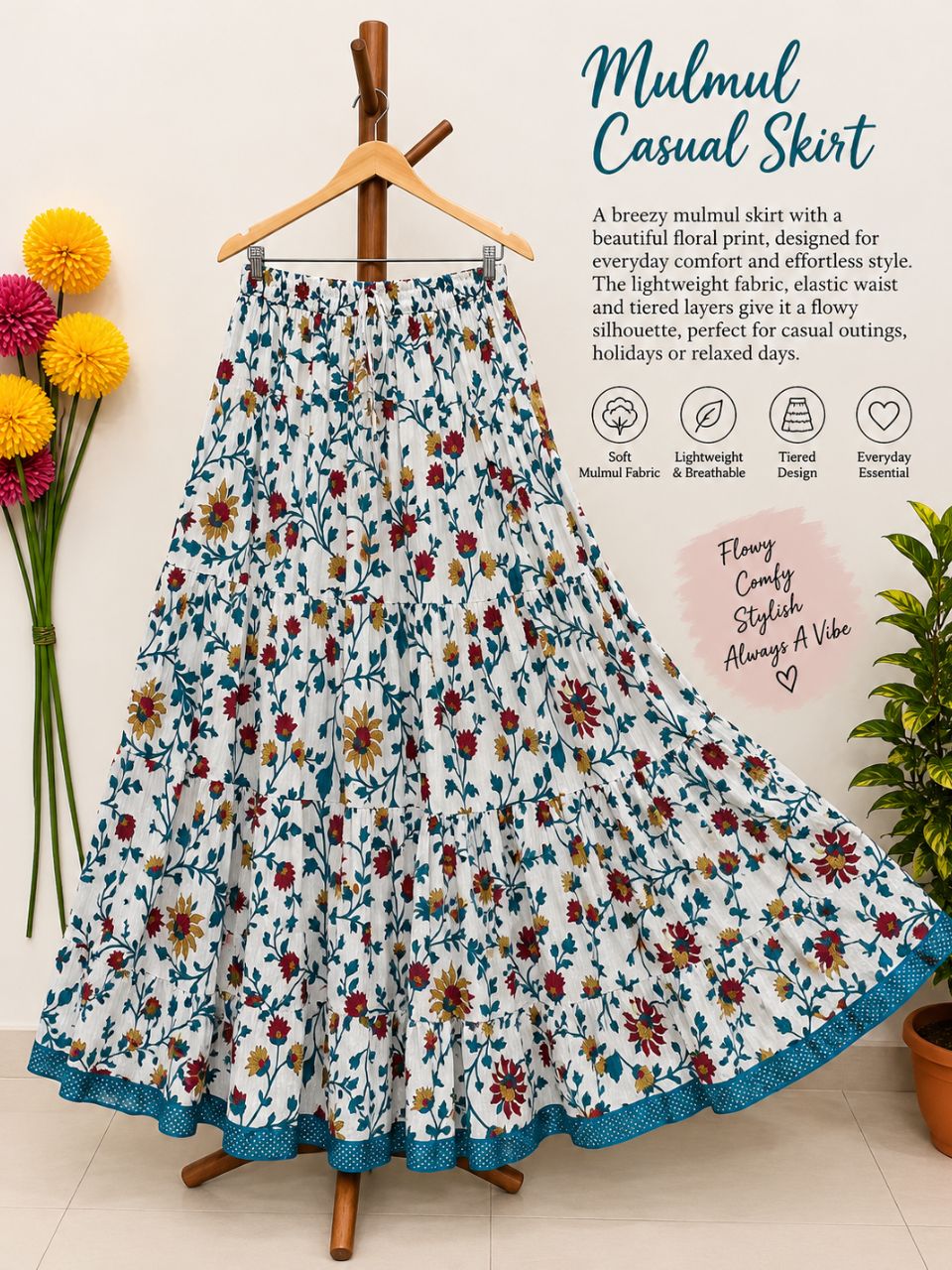 Mulmul Printed Pastel White Shaily Indian Skirt