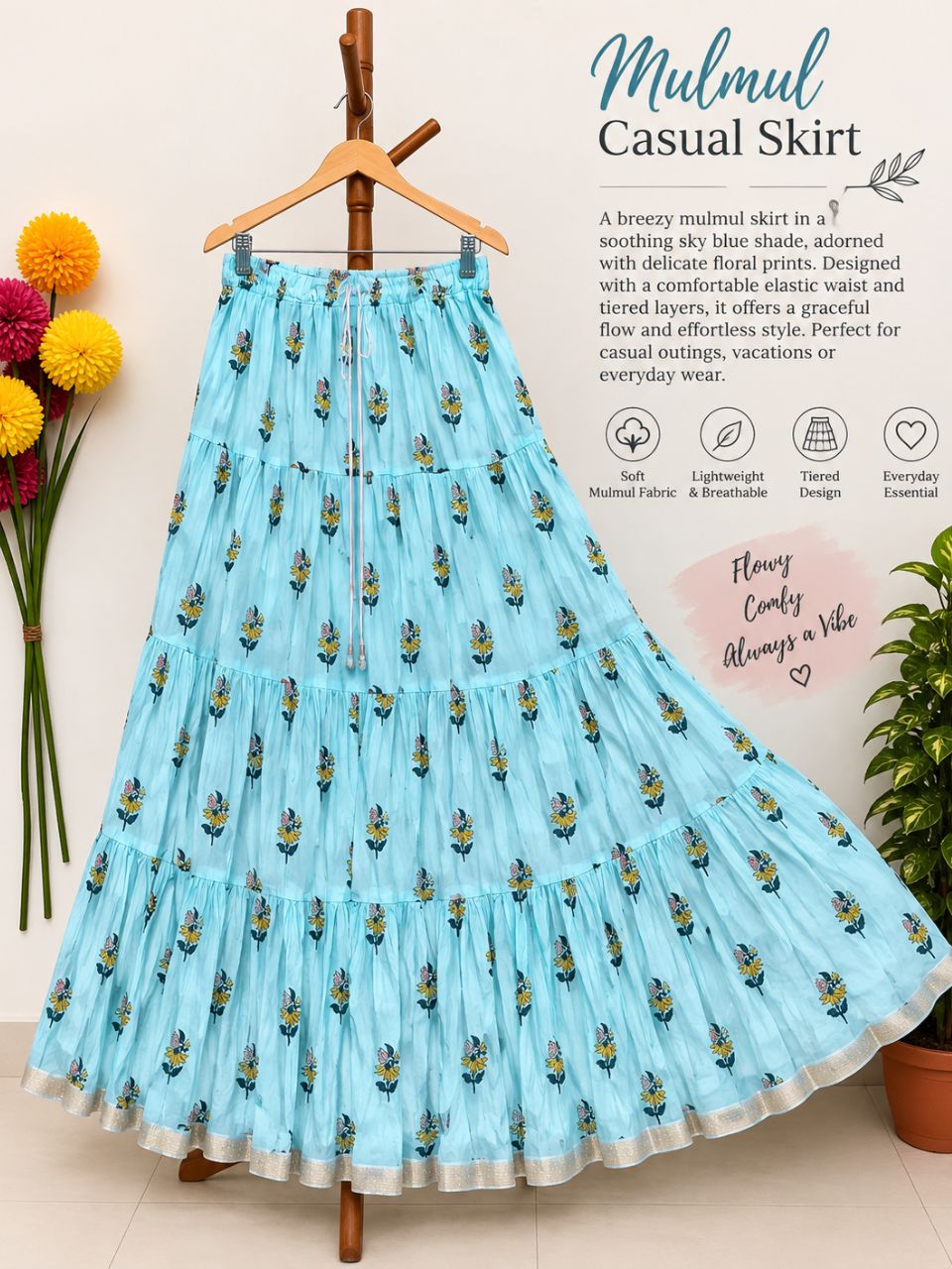 Mulmul Printed Pastel Blue Berry Indian Skirt