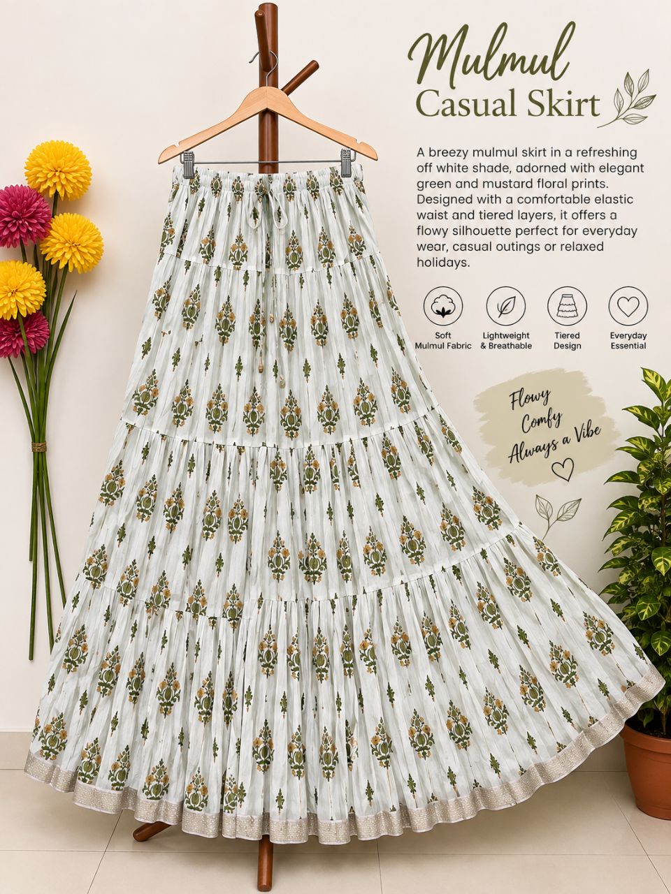 Mulmul Printed Pastel Green Gaura Indian Skirt