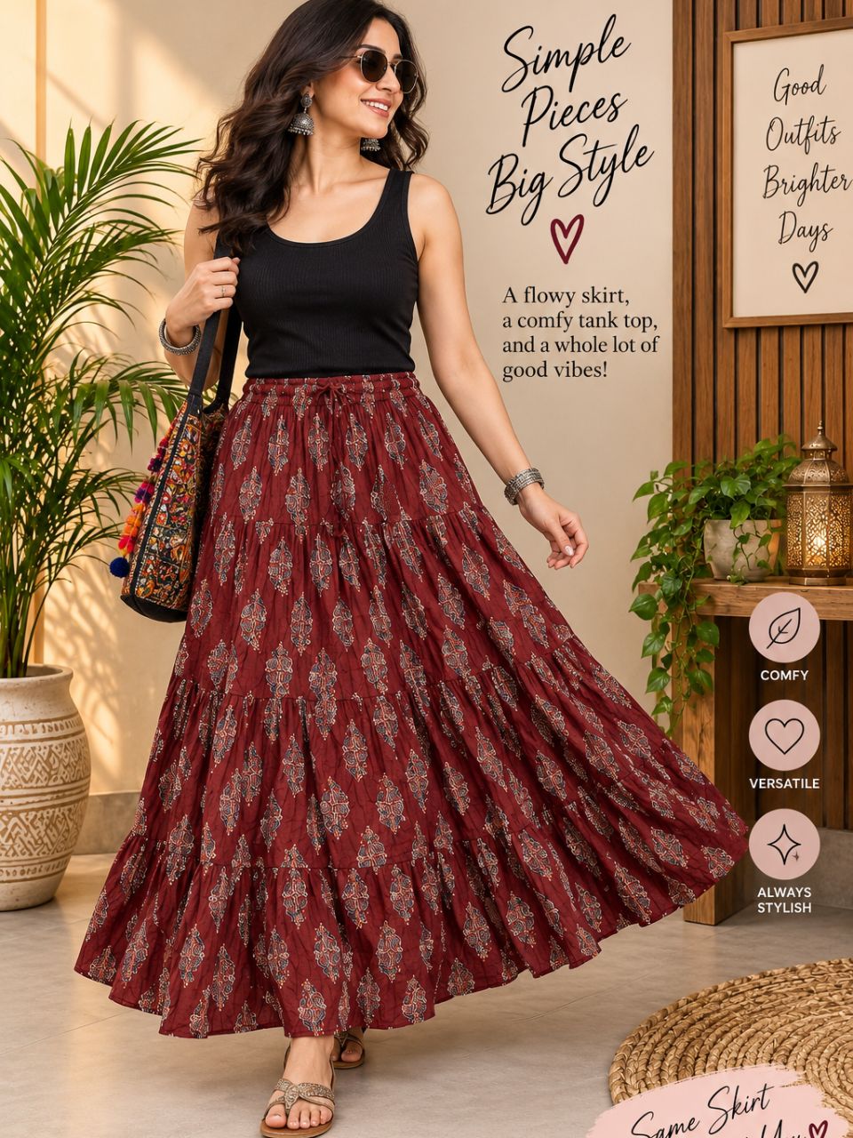 Casual Cotton Printed Brown Keri Indian Skirt