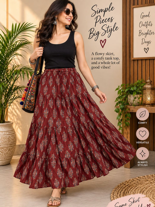 Casual Cotton Printed Brown Keri Indian Skirt