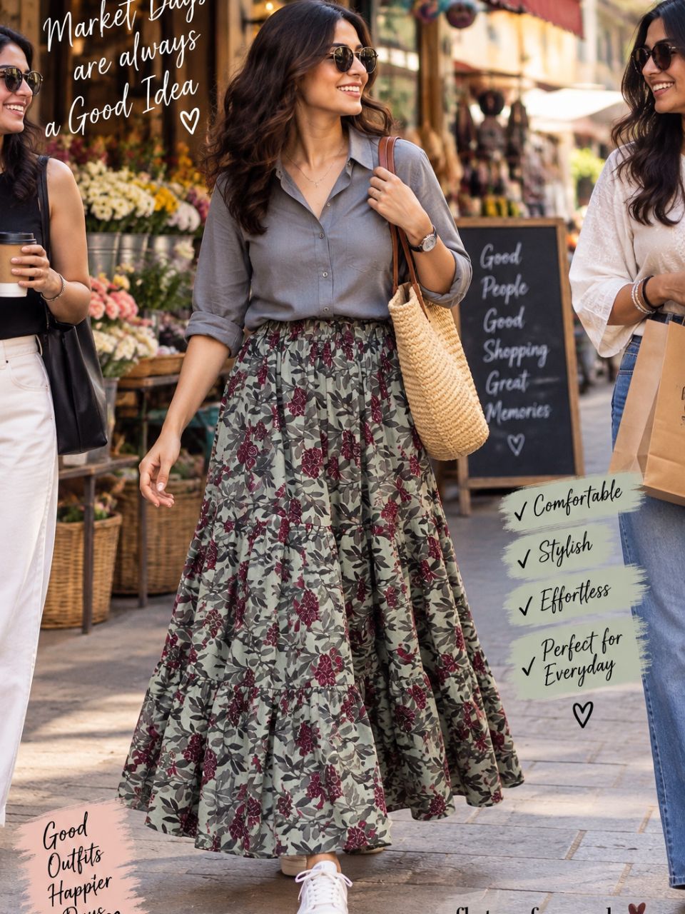 Casual Cotton Printed Sage Green Indian Skirt