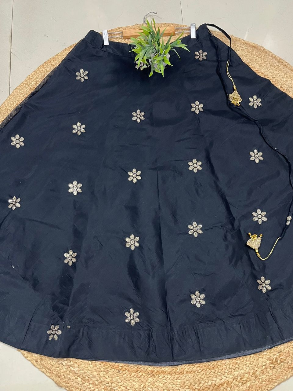 Chanderi Silk Black Shreya Embroidered Indian Skirt