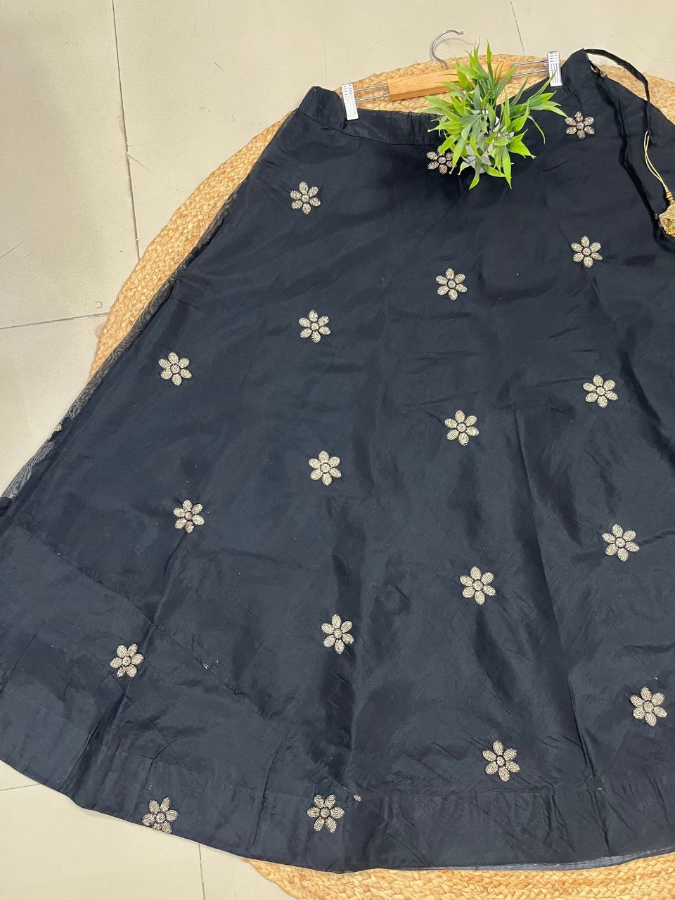 Chanderi Silk Black Shreya Embroidered Indian Skirt