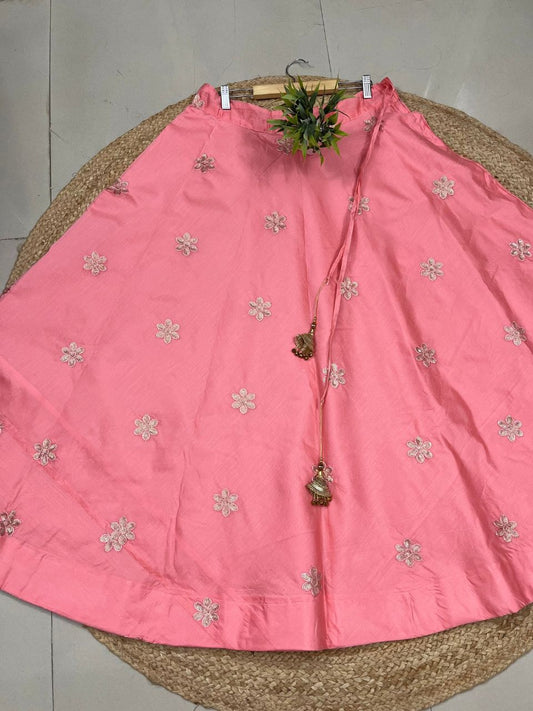Chanderi Silk Pink Rosy Embroidered Indian Skirt