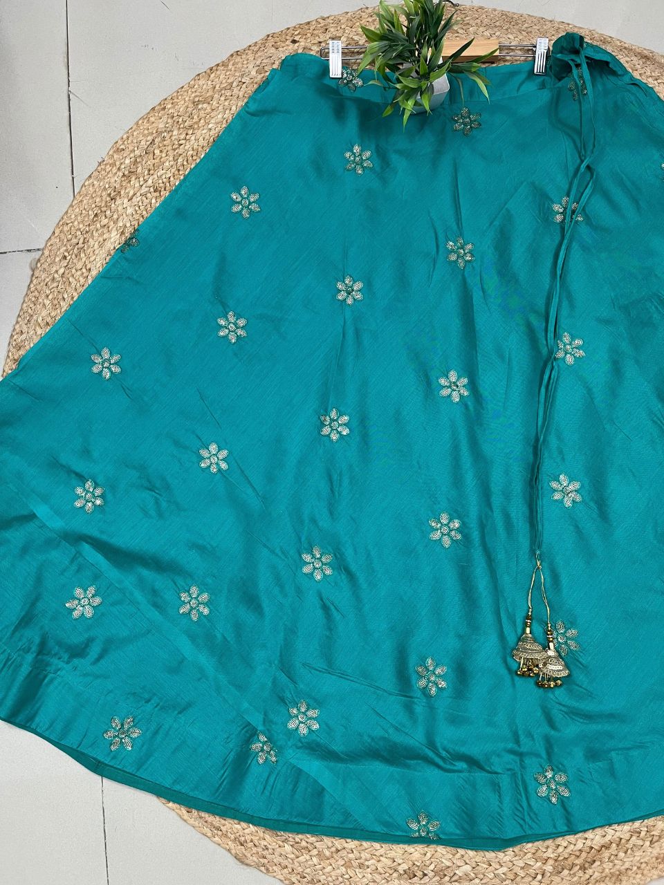 Chanderi Silk Turquoise Taruni Embroidered Indian Skirt
