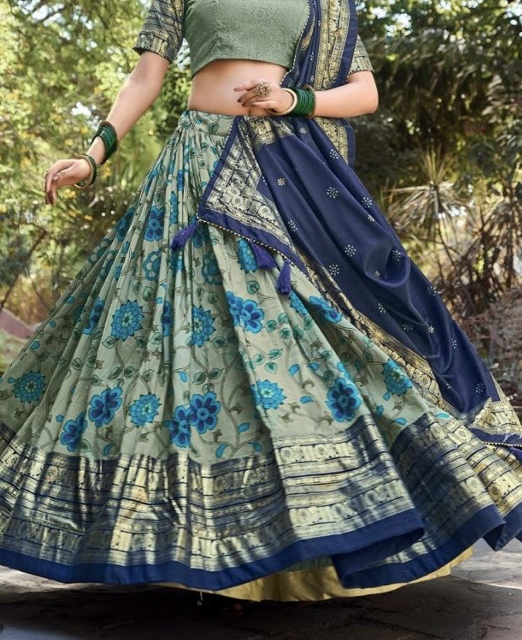 Tussar Sage Green Kalamkari Print Lehenga