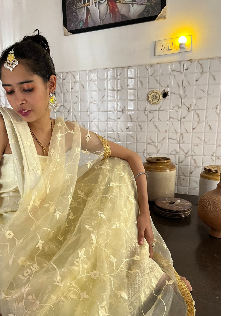 Yellow canary Organza Silk Lehenga